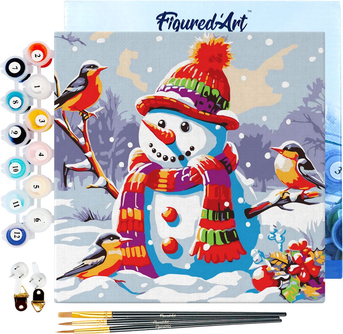 FiguredArt Mini Schilderen op Nummer Volwassenen 20x20cm met lijst Sneeuwpop en Vogels - Klein Formaat Creatieve Hobby Kit DIY Art Nummer Compleet